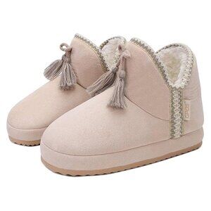 GPOS Womens House Faux Suede Bootie Slippers Fuzzy Plush Lining Beige Ladies 8